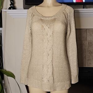 Cyrus Cable Knit Faux Back Button Sweater Long Sleeve Crew Neck Tan Small